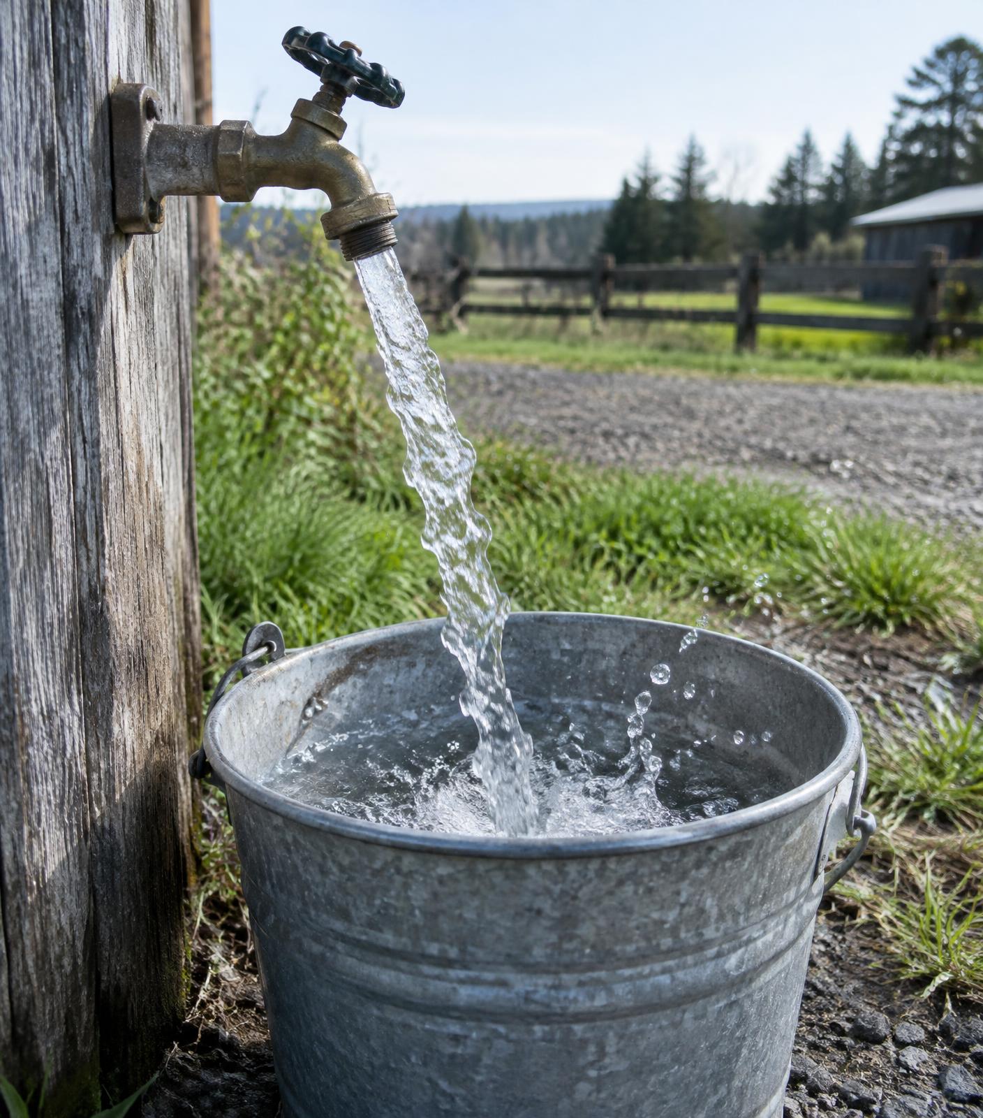 Clear well water running from an outdoor spigot into a galvanized bucket on a rural property