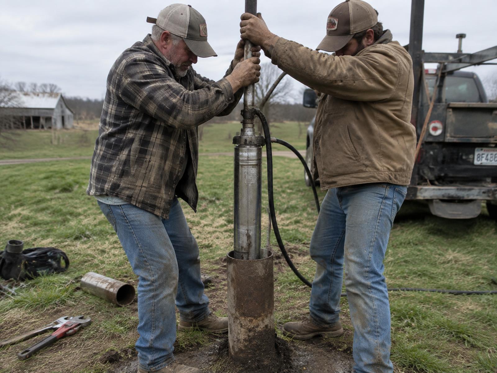 Two well technicians pulling a submersible pump and pipe from a well casing