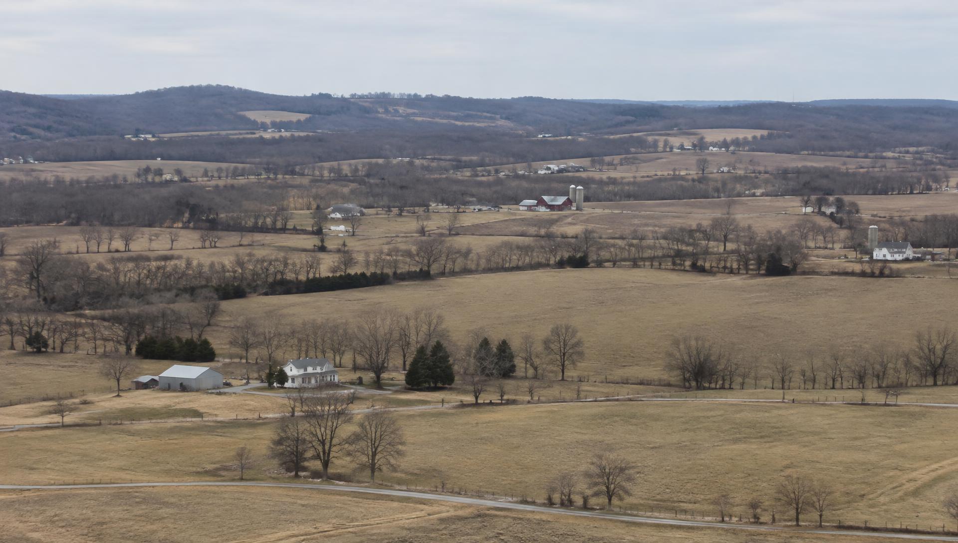 Rolling farmland and wooded ridges of rural Jefferson County, Missouri