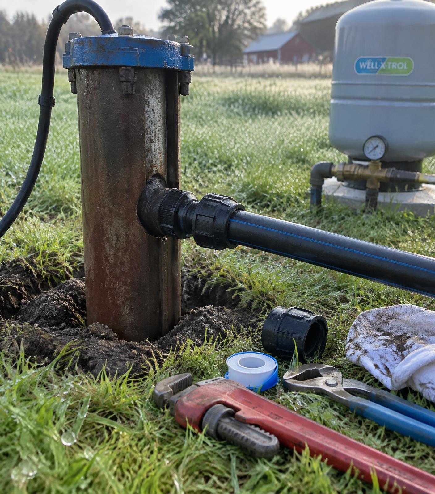 Well head casing and pitless adapter with tools laid out on wet grass